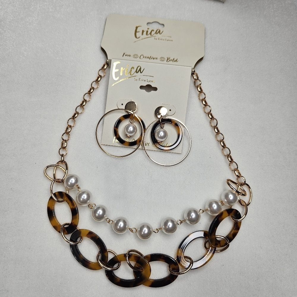 Erica Lyons 2 Piece Jewelry Set Necklace Earrings Tortoise Print Faux Pearls NWT